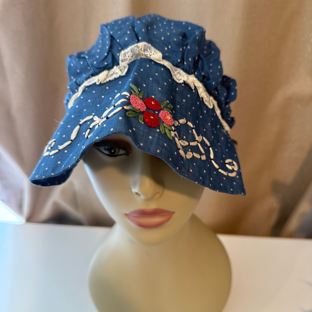 Vintage Blue Polka Dot Sun Bonnet Hand Embroidered Floral Lace Trim Prairie Hat